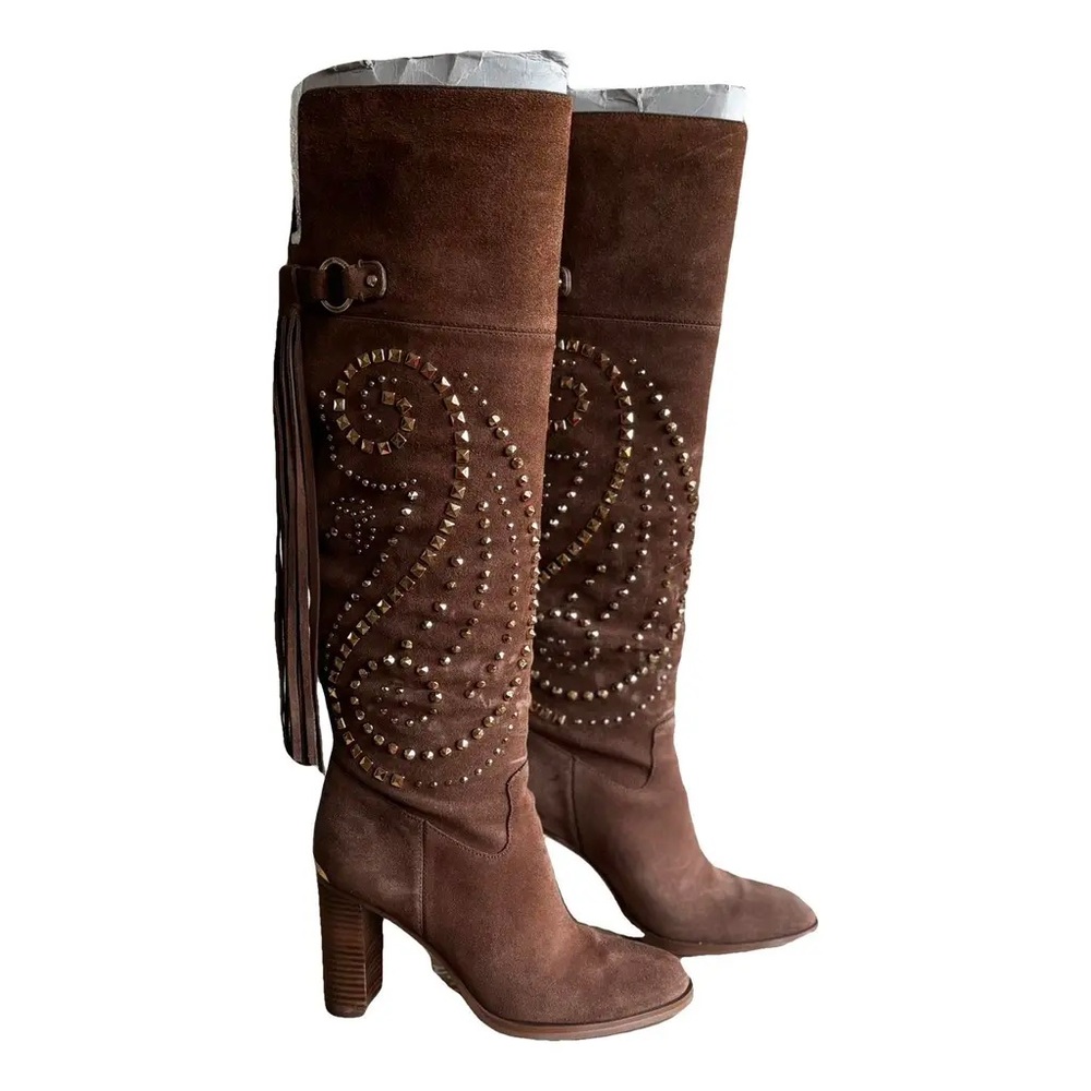 MICHAEL KORS REENA STUDDED Tall OTK Boots 4" HEEL brown suede fringe studded 8